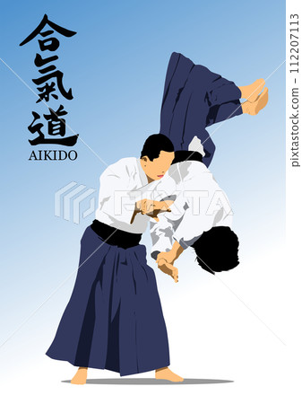 Oriental combat sports. Aikido. Colored 3d vector illustration. Translate Japanese = aikido Oriental combat sports. Aikido. Colored 3d vector illustration. Translate Japanese = aikido 112207113