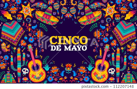 Cinco de mayo Mexican holiday banner. Greeting card with cartoon vector guitars, sombrero, chameleon, flowers and calavera sugar skull. Pyramid, bones, candle and maracas with pinata in alebrije style Cinco de mayo Mexican holiday banner. Greeting card with cartoon vector guitars, sombrero, chameleon, flowers and calavera sugar skull. Pyramid, bones, candle and maracas with pinata in alebrije style 112207148