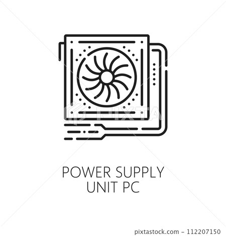 PC power supply unit line icon of computer hardware, vector outline symbol. PSU or power supply unit linear pictogram for computer PC installation instructions or service center repair and maintenance 112207150