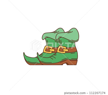 Cartoon retro groovy leprechaun boots, saint patrick day holiday footwear. Isolated vector pair of green pointed-nosed Irish shoes with buckles, embodying whimsical and magical spirit of Ireland 112207174