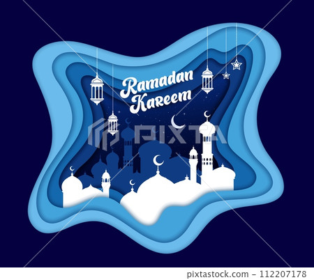 Ramadan Kareem paper cut banner. Muslim mosque, arabian lantern lamps and crescent moon on sky. Arabic greeting, Ramadan Kareem holiday banner or Eid Mubarak celebration paper cut vector background Ramadan Kareem paper cut banner. Muslim mosque, arabian lantern lamps and crescent moon on sky. Arabic greeting, Ramadan Kareem holiday banner or Eid Mubarak celebration paper cut vector background 112207178