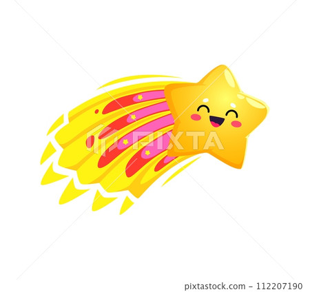 Cartoon cute cheerful kawaii falling star, happy character. Isolated vector cheerful toon comet personage with a smiling face and sparkling colorful trail, spreading joy across the night sky 112207190