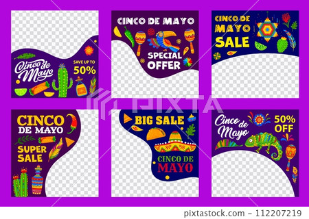 Cinco de Mayo mexican holiday big sale and special offer banners templates. Vector sombrero, maracas, tequila and tex mex food of Mexico fiesta, tropical flowers, cactus and pinata web posts set Cinco de Mayo mexican holiday big sale and special offer banners templates. Vector sombrero, maracas, tequila and tex mex food of Mexico fiesta, tropical flowers, cactus and pinata web posts set 112207219