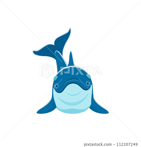 Cartoon dolphin character. Isolated vector cheerful, azure-blue sea animal personage with a perpetual grin, sparkling eyes, sleek body and a playful spirit, navigates ocean waves and spreading joy 112207249