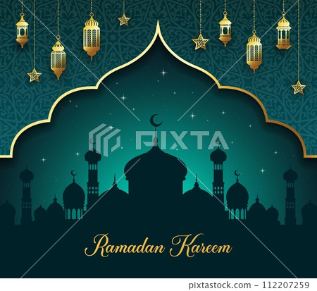 Ramadan Kareem holiday banner with muslim mosque, arabian lantern lights, islamic ornament and crescent moon landscape. Muslim holiday, arabic religious or Ramadan celebration vector cover or banner 112207259