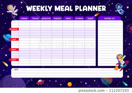 Weekly meal planner with galaxy space landscape, kid astronaut and alien. Vector week food plan for little explorers. Calendar menu template for tasty cosmic dishes and stellar culinary adventures Weekly meal planner with galaxy space landscape, kid astronaut and alien. Vector week food plan for little explorers. Calendar menu template for tasty cosmic dishes and stellar culinary adventures 112207293
