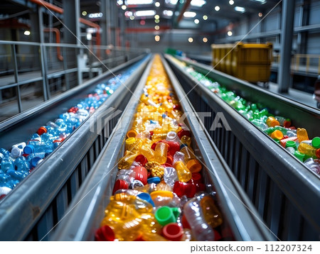 Conveyor System Sorting Plastic Waste in a Recycling Factory Conveyor System Sorting Plastic Waste in a Recycling Factory 112207324