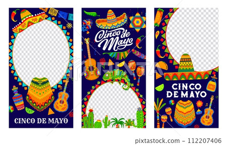 Cinco de Mayo social media template frame and banners. Cinco de Mayo holiday celebration poster, Mexican party or event social media frame with sombrero, chameleon, guitar, cuisine and cactus, pinata 112207406