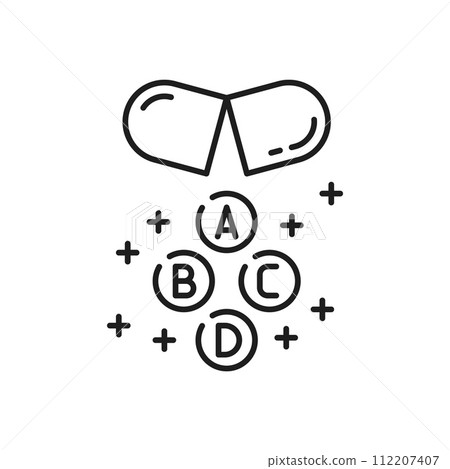 Pharmacy vitamin capsule or pill thin line icon. Pharmaceutical treatment, drugstore or pharmacy aid outline vector symbol. Medicine and health care outline icon with A, B, C and D vitamin capsule 112207407