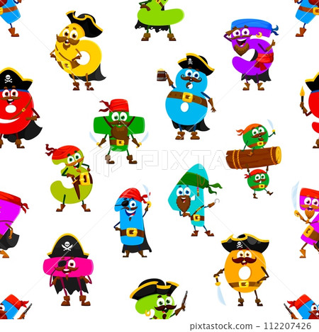 Seamless pattern of cartoon funny number pirate and corsair characters. Wallpaper pattern, fabric vector backdrop or textile funny vector background with mathematics number pirates cheerful personages 112207426