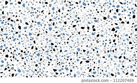 Blue, grey and black terrazzo ceramic tile pattern, terazo mosaic background, terazzo marble stone floor texture. Vector italian terazzo grey rock abstract pattern with marble and granite color pieces 112207489