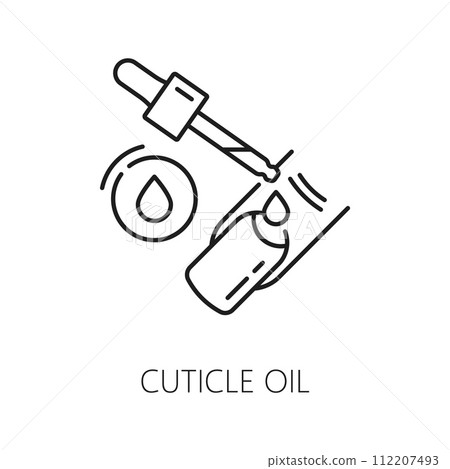 Nail manicure service icon with cuticle oil. Isolated vector simple linear sign representing a cosmetic product used to nourish and hydrate fingernail and toenail cuticles for healthier nails Nail manicure service icon with cuticle oil. Isolated vector simple linear sign representing a cosmetic product used to nourish and hydrate fingernail and toenail cuticles for healthier nails 112207493
