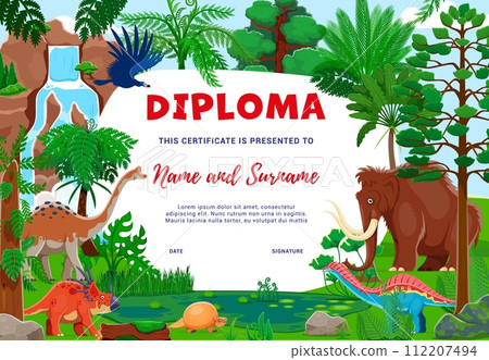 Kids diploma with cartoon dinosaurs and dino characters in tropical forest, vector education certificate. Funny Jurassic and ice age animals, mammoth and exotic bird with dino for kindergarten diploma 112207494