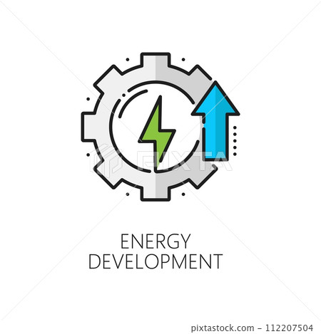 Eco power, clean and green energy development line icon. Electricity and power industry, clean energy source technology innovation thin line vector pictogram with cog wheel and green lightning bolt Eco power, clean and green energy development line icon. Electricity and power industry, clean energy source technology innovation thin line vector pictogram with cog wheel and green lightning bolt 112207504