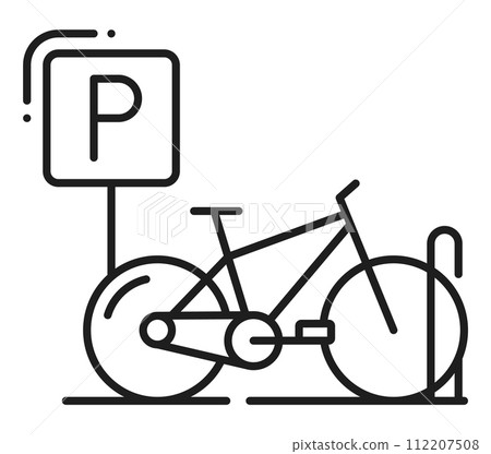 Parking for bicycle line icon, car garage service or bike station slot, vector linear sign. Parking place or zone for bicycle transport, outline pictogram for parking valet or public garage bikes area 112207508