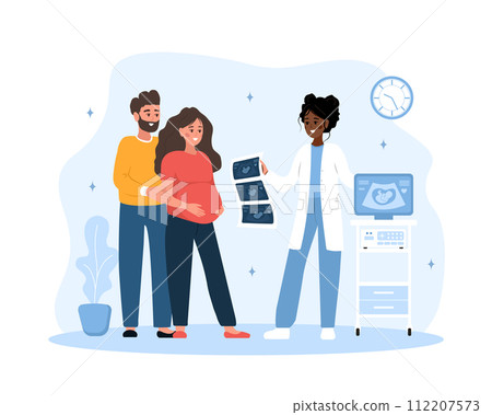 Ultrasound pregnancy screening concept. Female doctor gives results of ultrasound examination. Family expecting for baby. Future parents in clinic. Vector illustration in flat cartoon style Ultrasound pregnancy screening concept. Female doctor gives results of ultrasound examination. Family expecting for baby. Future parents in clinic. Vector illustration in flat cartoon style 112207573