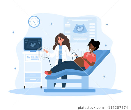 Ultrasound pregnancy screening concept. Female doctor doing fetus screening to future mother. African girl with belly looking in monitor. Embryo health diagnostic. Cartoon vector illustration Ultrasound pregnancy screening concept. Female doctor doing fetus screening to future mother. African girl with belly looking in monitor. Embryo health diagnostic. Cartoon vector illustration 112207574
