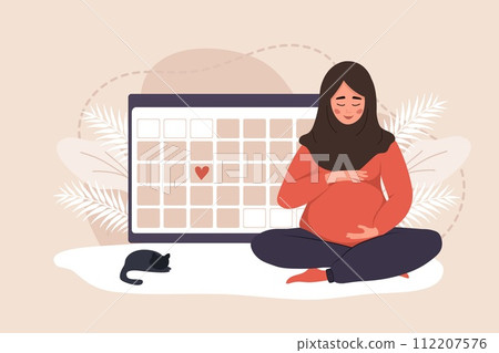 Pregnant woman in lotus position hugs her tummy. Islamic female character waiting for baby. Happy girl sitting near large calendar. Pregnancy concept. Vector illustration in flat cartoon style 112207576