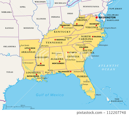 Southeast Region, the South of the United States, political map. Geographic and cultural region, also referred to as the Southern United States, American South, Southland, Dixieland, or simply Dixie. 112207748