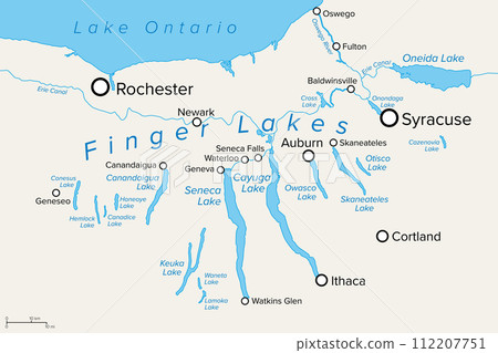 Finger Lakes region in New York State, in the United States, political map, with most important cities. Group of eleven long, narrow, roughly south-north lakes, located directly south of Lake Ontario. 112207751