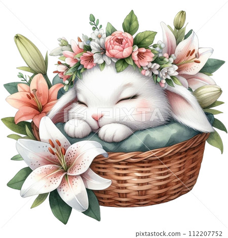 Cute rabbit sleeping  Flower Basket clipart watercolor 112207752