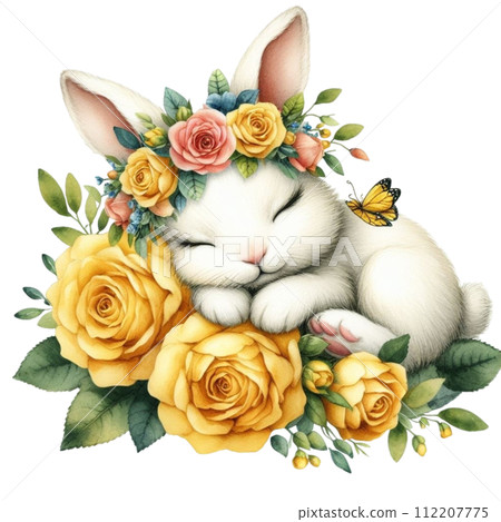 Cute rabbit sleeping Flower Basket clipart watercolor Cute rabbit sleeping Flower Basket clipart watercolor 112207775