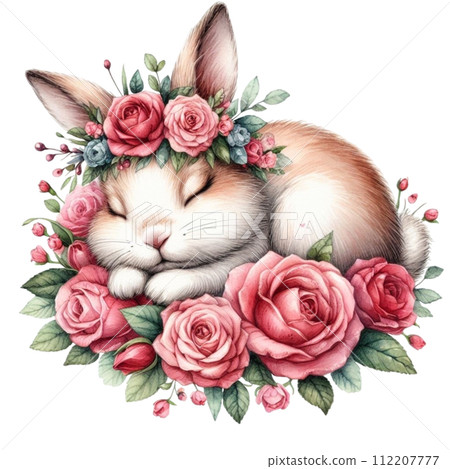 Cute rabbit sleeping  Flower Basket clipart watercolor 112207777