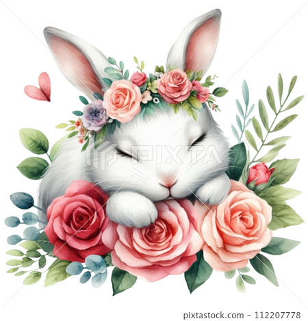 Cute rabbit sleeping  Flower Basket clipart watercolor 112207778