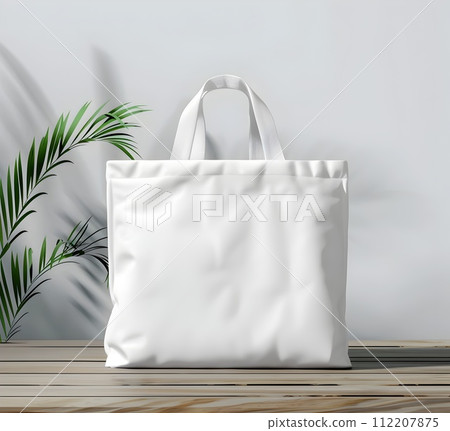 White Shopping Bag on Wooden Table in Realistic Landscape White Shopping Bag on Wooden Table in Realistic Landscape 112207875