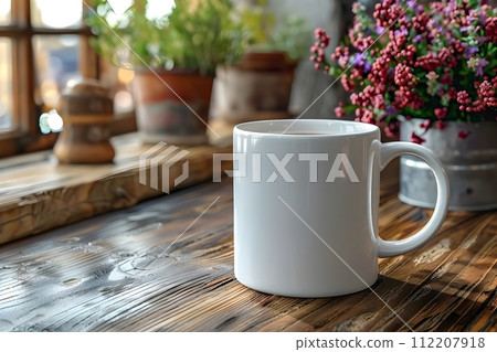 8k Mockup of Coffee Mug and Flowers on a Wooden Table 112207918