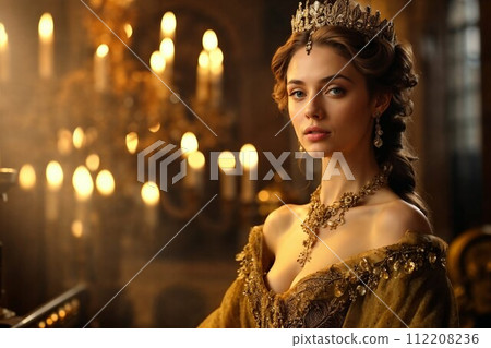 AI-generated content. Regal Woman in Vintage Royal Attire with Crown 112208236
