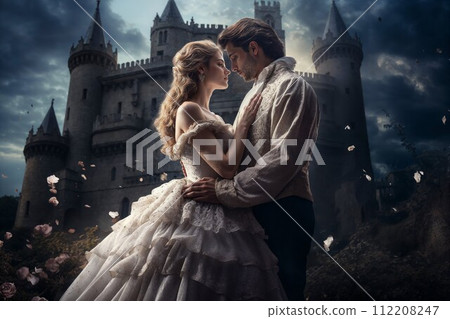AI-generated content. Fairytale Castle with Embracing Royal Couple 112208247
