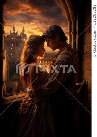 AI-generated content. Renaissance Couple in Romantic Castle Embrace 112208288