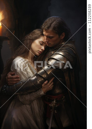 AI-generated content. Knight Embracing Lady in Medieval Garb 112208289