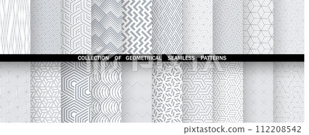 Geometric set of seamless gray and white patterns. Simple vector graphics. Geometric set of seamless gray and white patterns. Simple vector graphics. 112208542