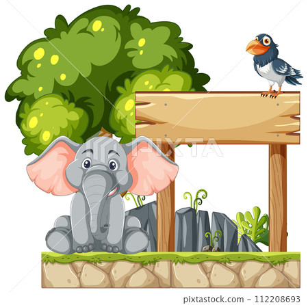 Elephant and Bird with Wooden Sign Elephant and Bird with Wooden Sign 112208693