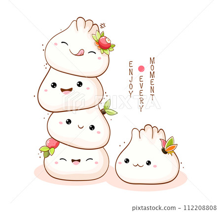 Stack of cute traditional chinese dumpling in kawaii style. Japanese traditional cuisine dishes. Inscription Enjoy every moment. Can be used for t-shirt print, sticker, greeting card. Vector EPS8 112208808