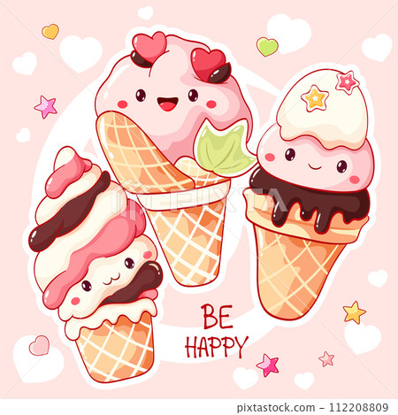 Summer card with cute dessert in kawaii style. Strawberry ice cream with whipped cream and berry. Inscription Be happy. Can be used for t-shirt print, sticker, greeting card. Vector illustration EPS8 112208809
