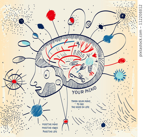 Power Of Mind, psychology and mental health. Simple sketch in hand-draw line with human head. Doodle design in retro style.  Concept of creativity, idea, imagination and design thinking 112208812