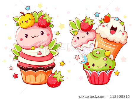 Set of cute sweet desserts in kawaii style with smiling face and pink cheeks. Cake, muffin and cupcake with whipped cream, cherry and strawberry. Vector illustration EPS8 112208815