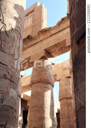 Ancient Column With Colorful Mural Wall Painting, Karnak temple complex, Luxor, Egypt, North Africa 112208891
