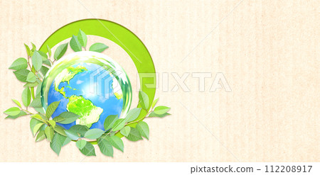 Earth day. Earth in glass ball, green leaves on cardboard texture. Ecology, go green, environmental and conservation protection concept. Horizontal banner with eco paper texture and planet. 3d render 112208917