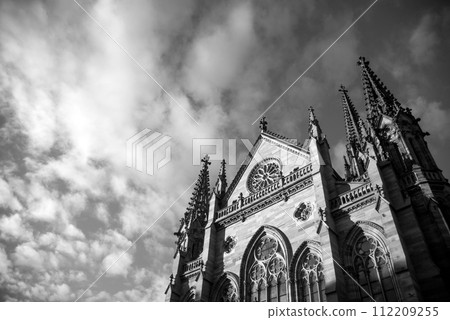 View of st Etienne temple by sunset in Mulhouse - France  - black and white photo 112209255