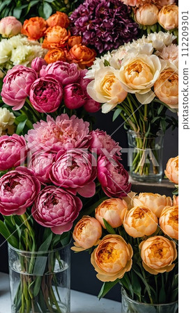 Multicolored pions in a flower shop - fresh supply of cut flowers for spring holidays, floral shop. AI generated 112209301