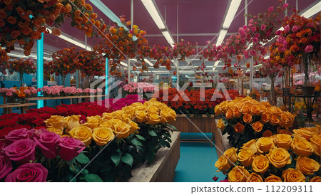 Multicolored roses in a flower shop - fresh supply of cut flowers for spring holidays, floral shop. AI generated 112209311