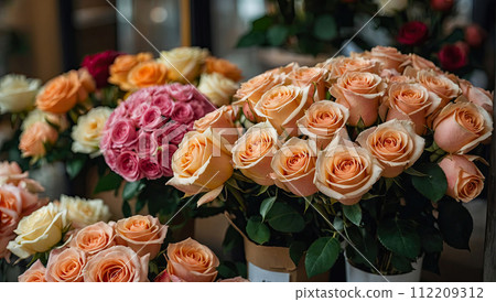 Multicolored roses in a flower shop - fresh supply of cut flowers for spring holidays, floral shop. AI generated 112209312