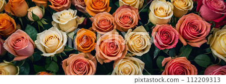 Multicolored roses in a flower shop - fresh supply of cut flowers for spring holidays, floral shop. AI generated 112209313