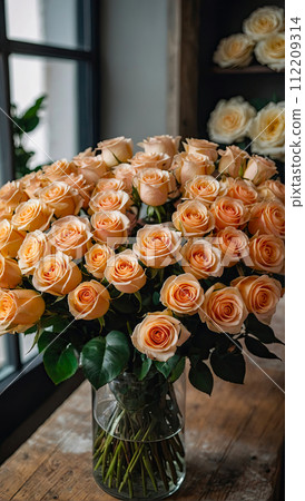 Multicolored roses in a flower shop - fresh supply of cut flowers for spring holidays, floral shop. AI generated 112209314