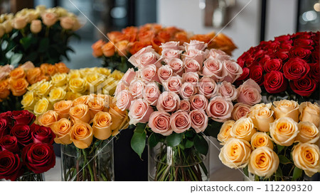 Multicolored roses in a flower shop - fresh supply of cut flowers for spring holidays, floral shop. AI generated 112209320