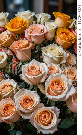 Multicolored roses in a flower shop - fresh supply of cut flowers for spring holidays, floral shop. AI generated 112209321